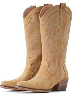 Women's Yellow Brown Mid Calf Snip Toe Western Cowgirl Faux Leather Heeled Boots